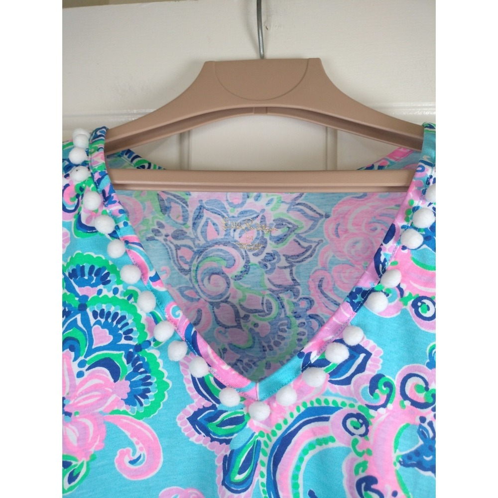 Lilly Pulitzer Etta Pom Pom V-Neck Dress Easy Peasy Blue White Cotton Medium - Picture 11 of 11